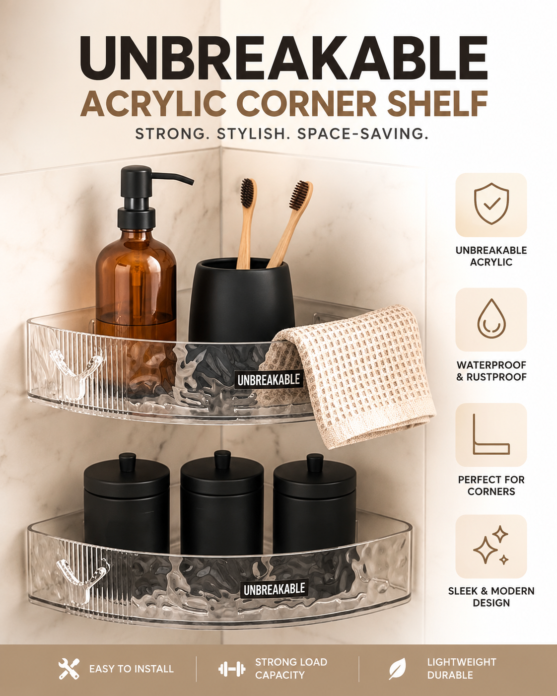 No-Drill Corner Shower Shelf – Bathroom Organizer with Hooks