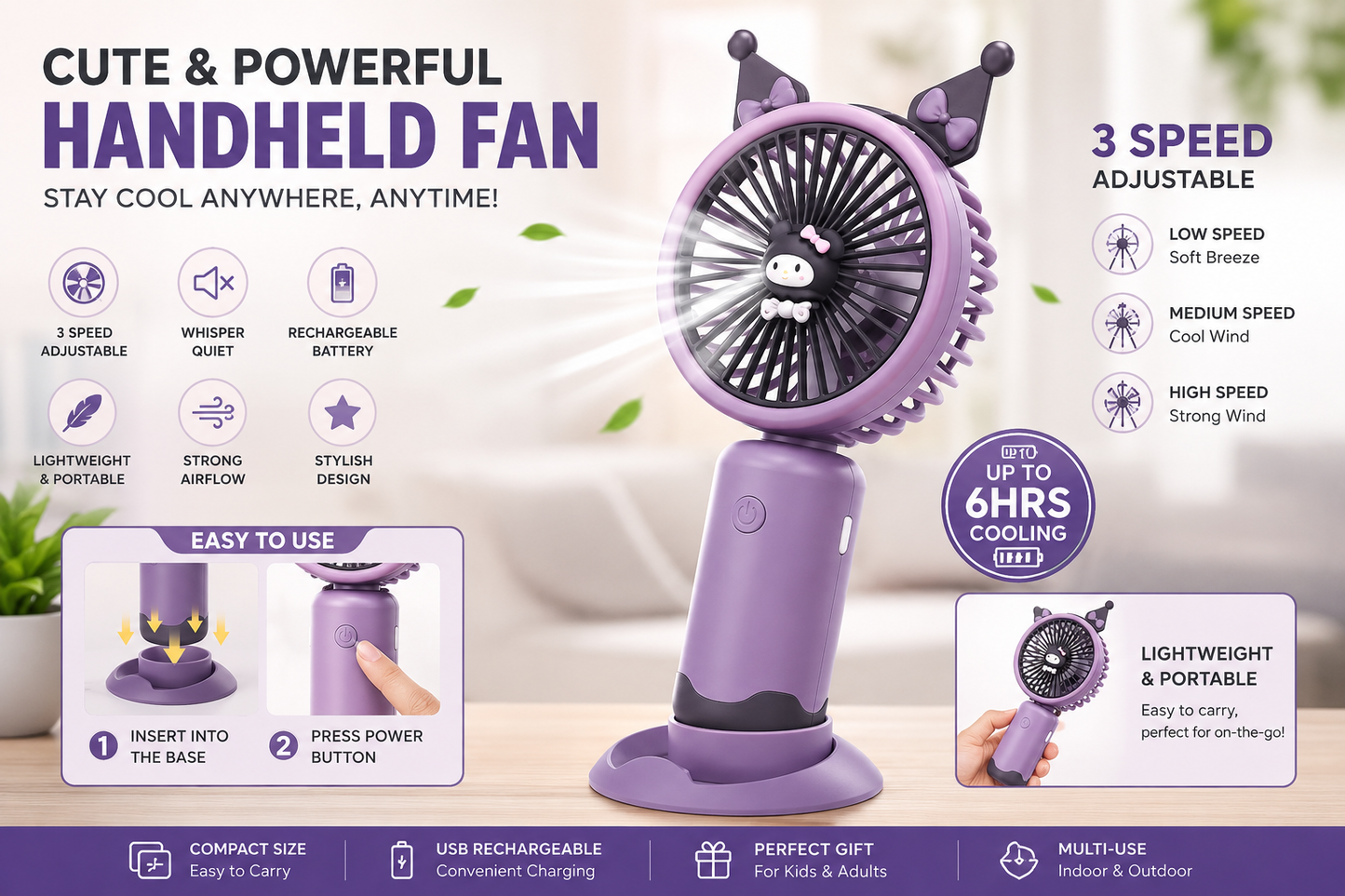 Cute and Powerful Handheld Fan — Stay Cool Anywhere, Anytime!