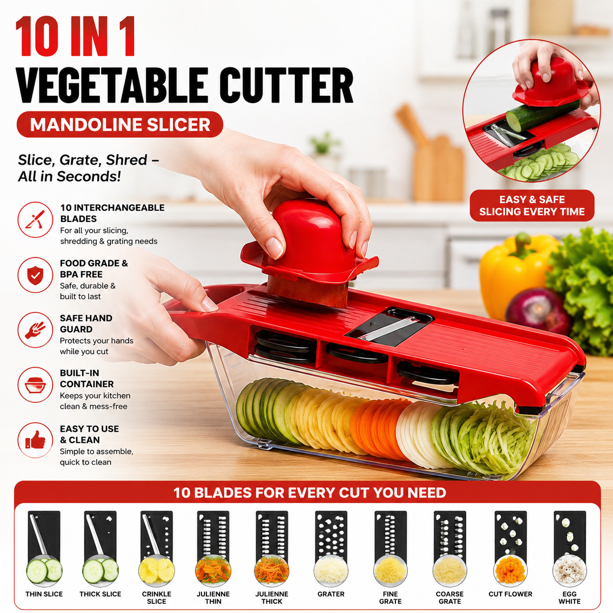 10-in-1 Vegetable Cutter &amp; Mandoline Slicer – Chop, Slice &amp; Grate with Ease