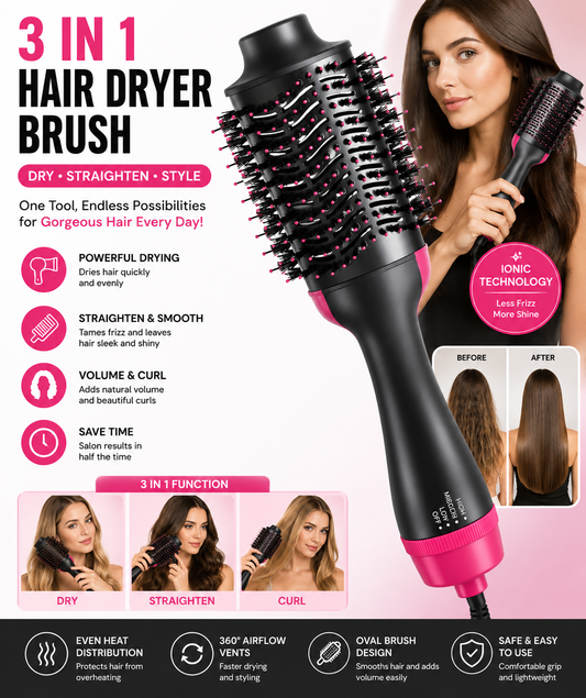 3-in-1 Hot Air Brush – Hair Dryer, Straightener &amp; Volumizer in One
