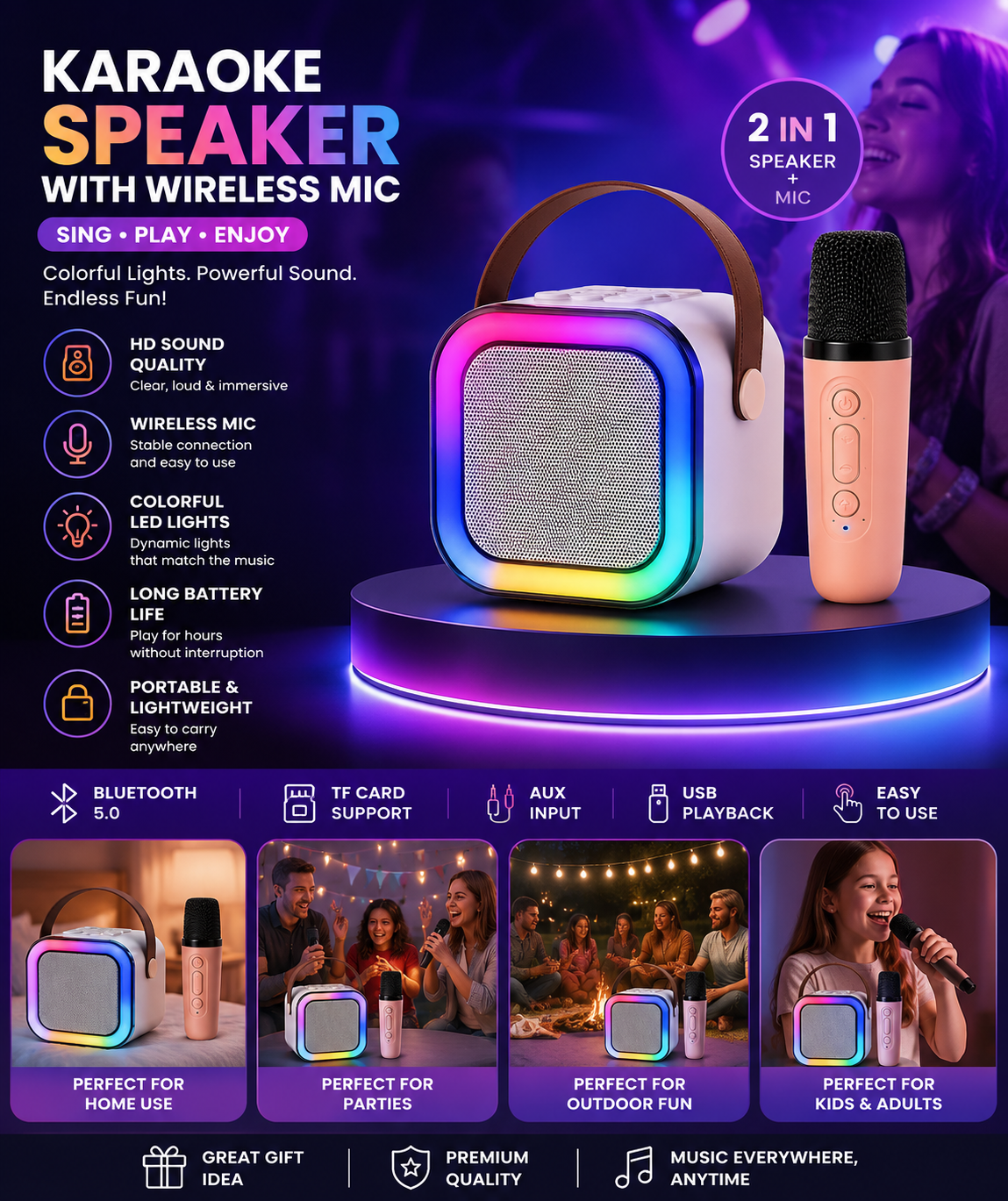 Karaoke Speaker with Wireless Mic – Portable Bluetooth Speaker &amp; LED Lights