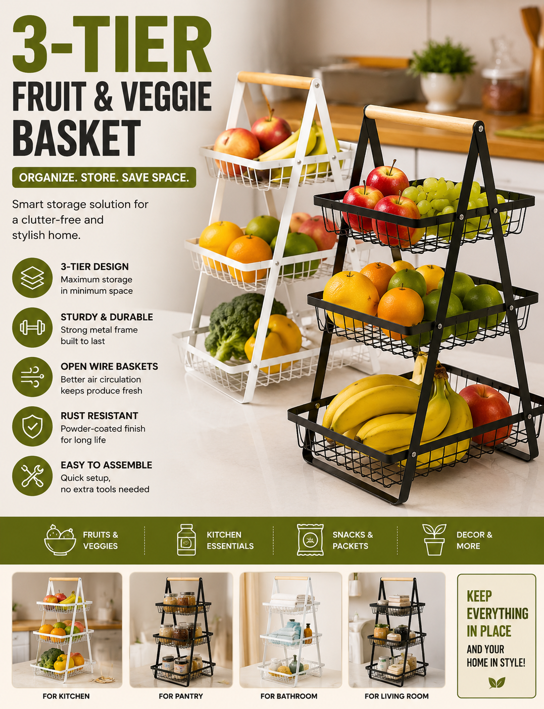 3-Tier Fruit &amp; Veggie Basket – Space-Saving Kitchen Storage