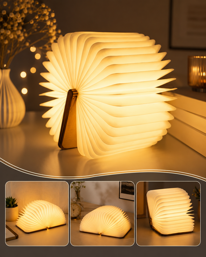 LED Wooden Book Lamp – 3D Folding Night Light with USB Recharge