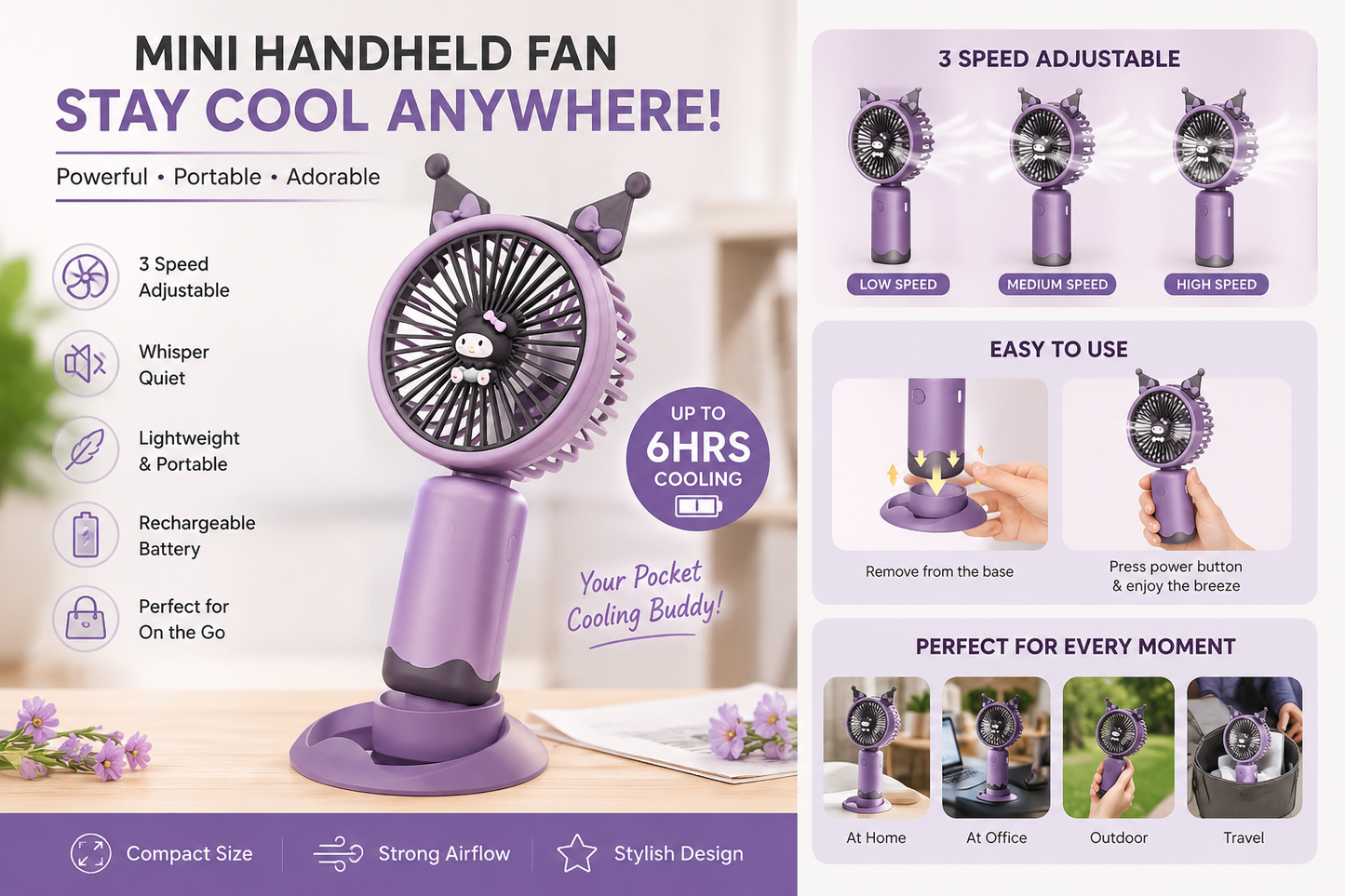 🌸 Cute & Powerful Handheld Fan — Stay Cool Anywhere, Anytime!
Beat the heat and loadshedding in style! 💜 This adorable character-design handheld fan isn't just cute — it's a powerhouse of cool air, perfect for Karachi's summer heat.
✅ 3-Speed Adjustable — Soft breeze to strong wind, your choice
✅ Up to 6 Hours Cooling — Rechargeable battery, no more loadshedding stress
✅ Whisper Quiet — Cool down without the noise
✅ Lightweight & Portable — Fits in your bag, perfect for home, office, or on-the-go
✅ Stylis