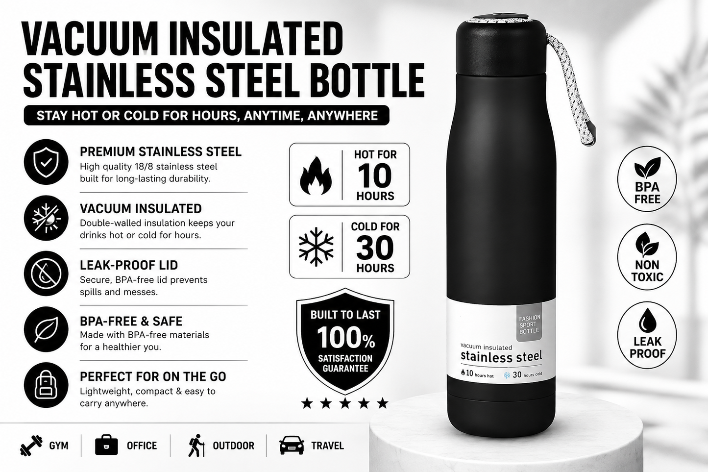 Vacuum Insulated Stainless Steel Bottle – Hot 10 Hrs, Cold 30 Hrs