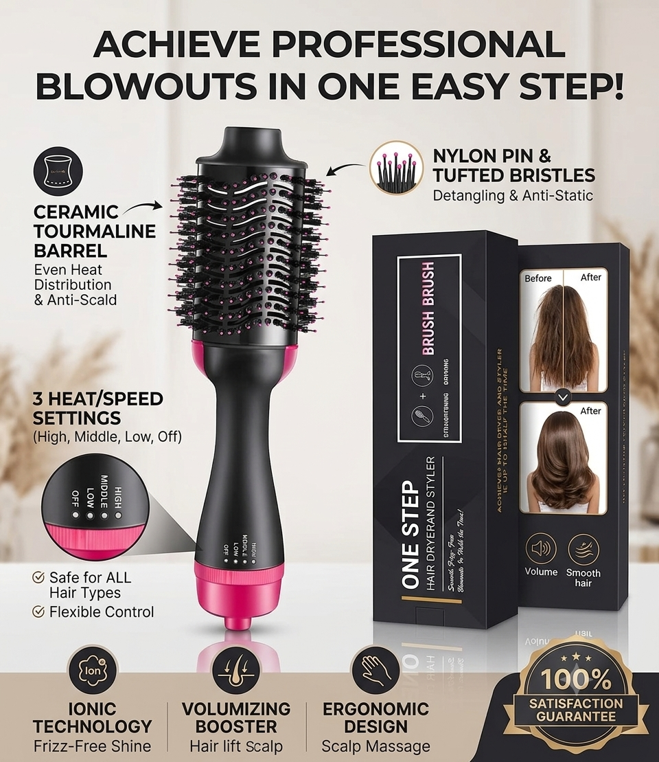3-in-1 Hot Air Brush – Hair Dryer, Straightener &amp; Volumizer in One