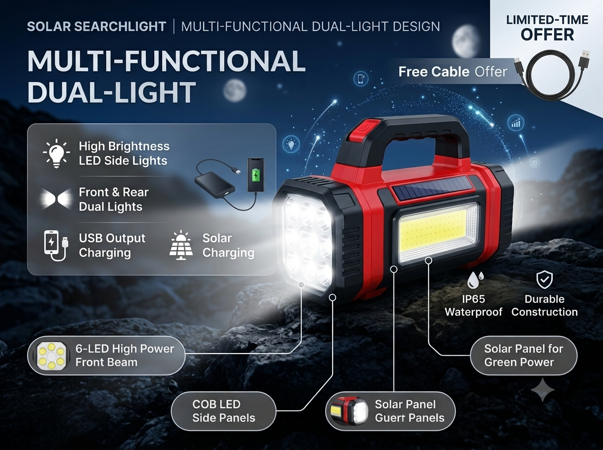 Solar Searchlight – Rechargeable LED Torch with Solar &amp; USB Charging