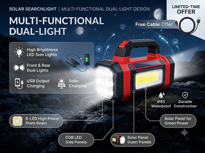 Solar Searchlight – Rechargeable LED Torch with Solar &amp; USB Charging