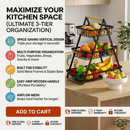 3-Tier Fruit &amp; Veggie Basket – Space-Saving Kitchen Storage