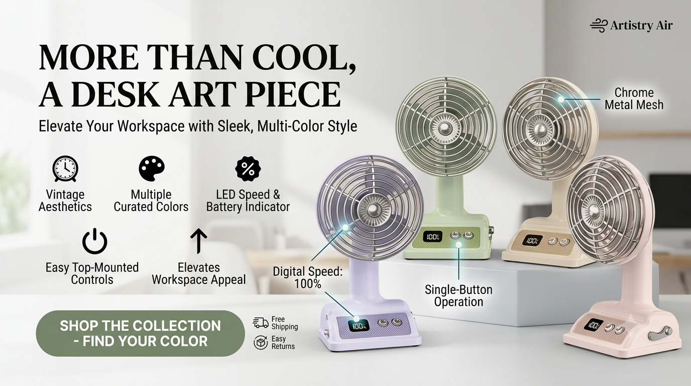 Retro Desk Fan – Rechargeable Mini Fan with Digital Display