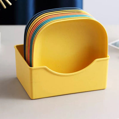 🍽️ Color-Coded Square Plates with Compact Caddy — Kitchen Organization Made Easy!