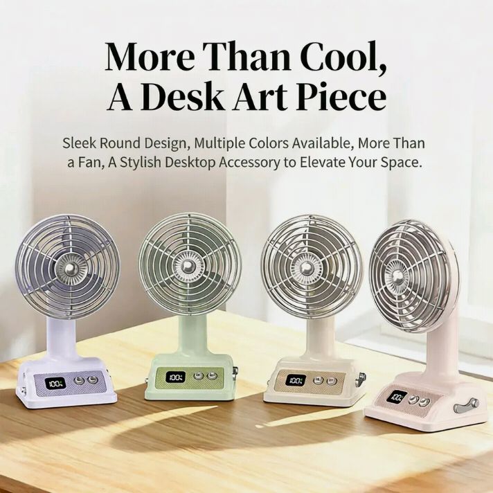 Retro Desk Fan – Rechargeable Mini Fan with Digital Display