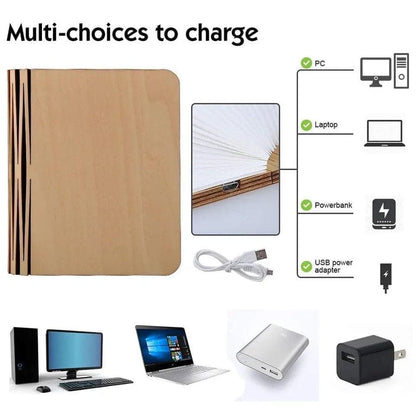 LED Wooden Book Lamp – 3D Folding Night Light with USB Recharge