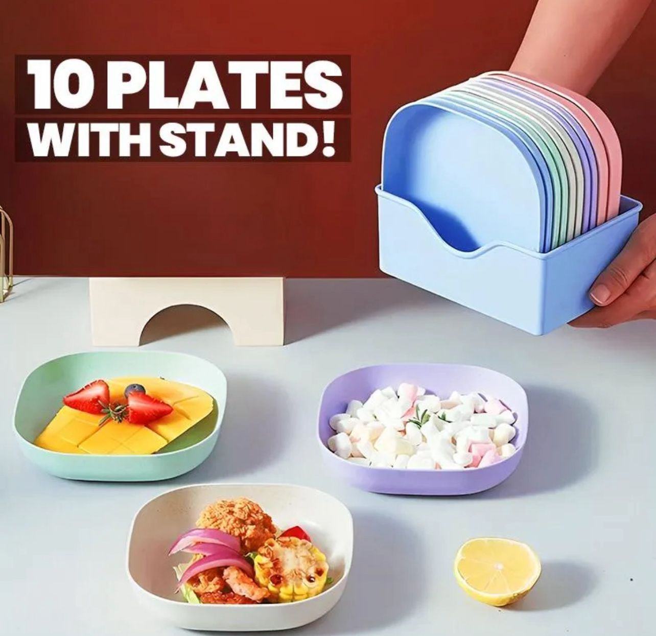 🍽️ Color-Coded Square Plates with Compact Caddy — Kitchen Organization Made Easy!