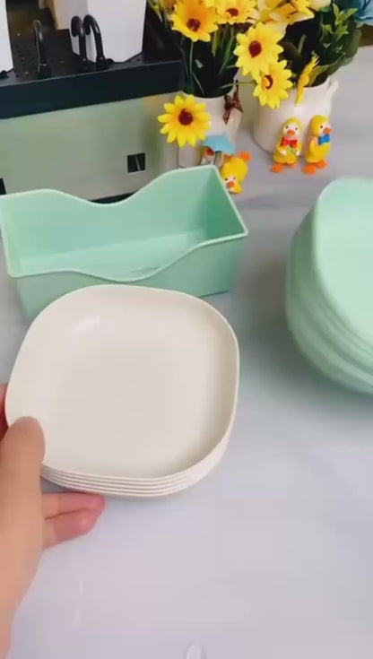 🍽️ Color-Coded Square Plates with Compact Caddy — Kitchen Organization Made Easy!